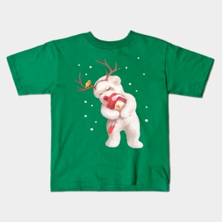 Little Girl Hugging Dog in Reindeer Antlers Kids T-Shirt